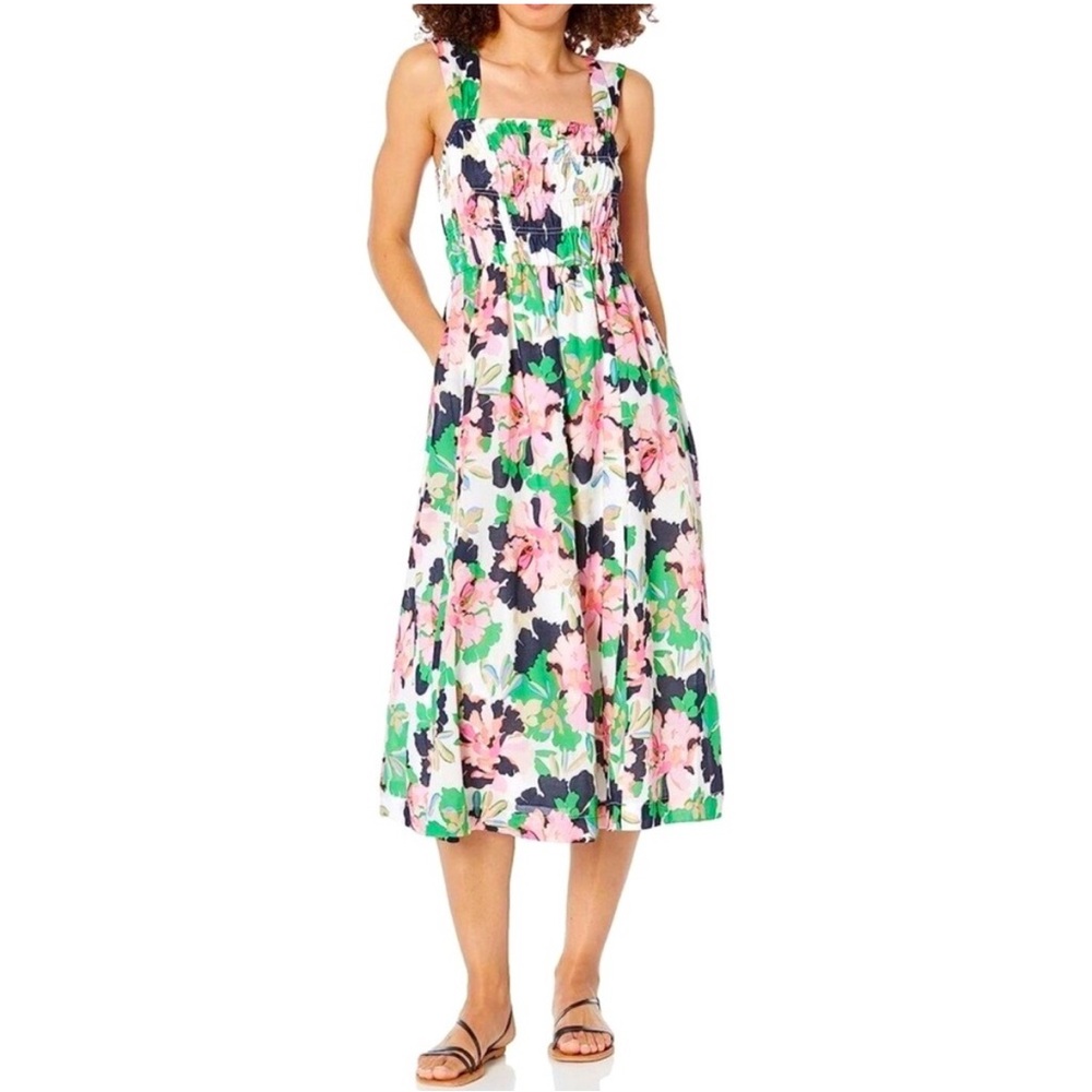 Tommy Hilfiger Isla Floral Pink & Green Smocked Waist A-Line Midi size 8